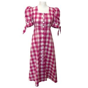 Kitri Gingham Midi Dress Pink White Puff Sleeve Square Neck Size 6